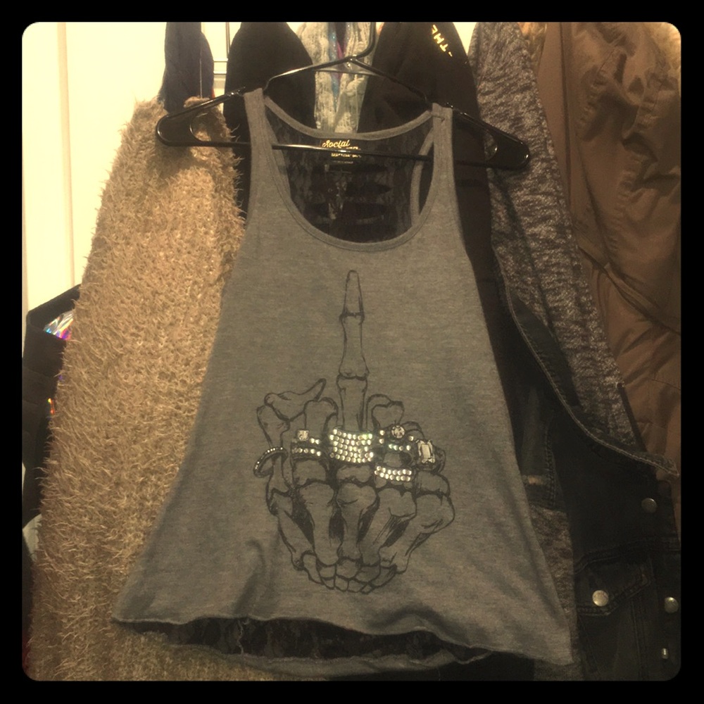 Social Misfits skeleton middle finger cut-up tank